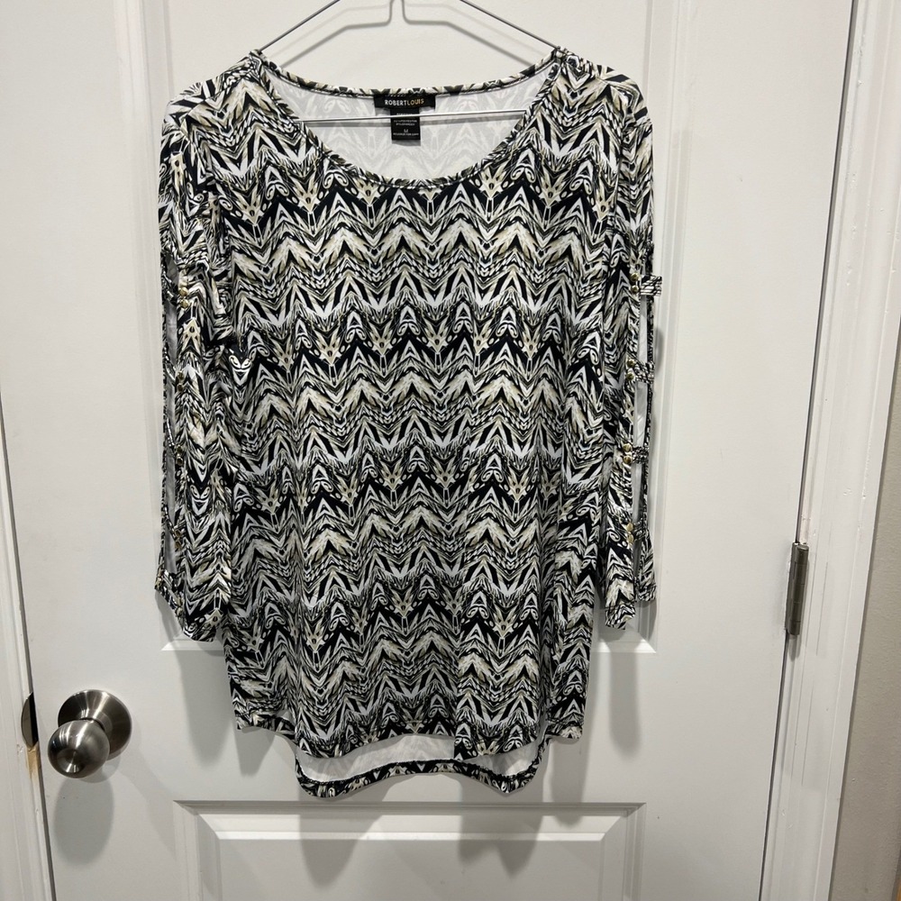 Robert Louis Womens Blouse Ladder Cutout Sleeve Geometric Black White Tan Size M